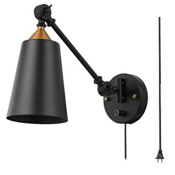 Pauwer Industrial Plug in Wall Sconces Set of 2 with On Off Switch Vintage Edison Swing Arm Wall Lamp Black Metal Shade Wall Light Fixtures
