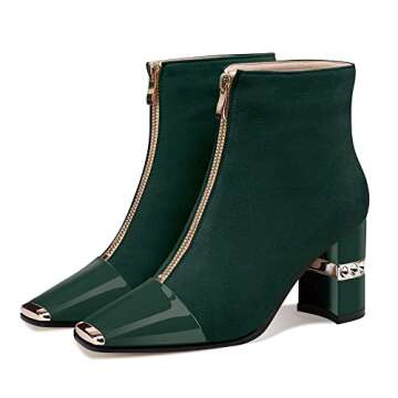 Jimishow Ankle Booties Block Heeled Winter Autumn Suede Short Boots For Women Chunky High Heel Square Toe Front Zipper Boots Green Size 10