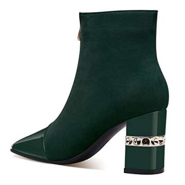 Jimishow Ankle Booties Block Heeled Winter Autumn Suede Short Boots For Women Chunky High Heel Square Toe Front Zipper Boots Green Size 10