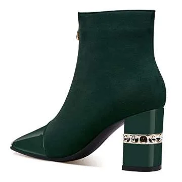 Jimishow Ankle Booties Block Heeled Winter Autumn Suede Short Boots For Women Chunky High Heel Square Toe Front Zipper Boots Green Size 10