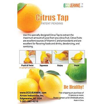 EcoJeannie 1 Pack Citrus Tap, Portable Lemon Juicer Faucet (Patent Pending), Lime Squeezer, Juice Extractor- BPA Free Hormone Free