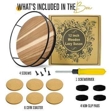 DECORSTATION Lazy Susan for Table Top, 12 Inches - Wooden Lazy Susan, Artistic Acacia Wood with Sturdy Black Steel Bar - 360 Degree Smooth Rotating – Suitable for Countertops & Cabinets