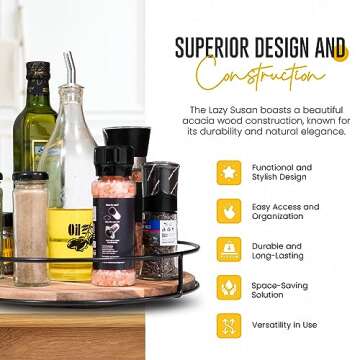 DECORSTATION Lazy Susan for Table Top, 12 Inches - Wooden Lazy Susan, Artistic Acacia Wood with Sturdy Black Steel Bar - 360 Degree Smooth Rotating – Suitable for Countertops & Cabinets