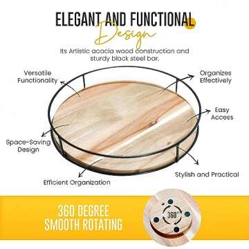 DECORSTATION Lazy Susan for Table Top, 12 Inches - Wooden Lazy Susan, Artistic Acacia Wood with Sturdy Black Steel Bar - 360 Degree Smooth Rotating – Suitable for Countertops & Cabinets