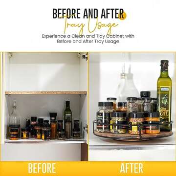 DECORSTATION Lazy Susan for Table Top, 12 Inches - Wooden Lazy Susan, Artistic Acacia Wood with Sturdy Black Steel Bar - 360 Degree Smooth Rotating – Suitable for Countertops & Cabinets