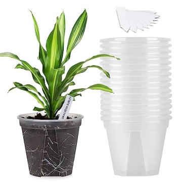 GREENPARA 6-inch Transparent Plastic Nursery Pots with Drainage for Indoor Plants, 10 Plant Labels