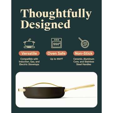 Caraway Nonstick Ceramic Sauté Pan with Lid (4.5 qt, 11.8") - Non Toxic, PTFE & PFOA Free - Oven Safe & Compatible with All Stovetops (Gas, Electric & Induction) - Black