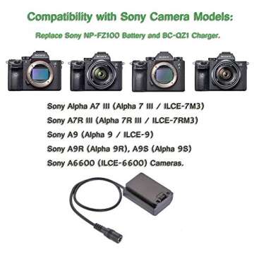 Gonine NP-FZ100 AC Power Adapter NPFZ100 DC Coupler Dummy Battery Kit for Sony Alpha A6600, A7 III, A7R III, A7R IV, A7S III, A9, A9R, A9S Cameras, Replacs BC-QZ1 Battery Charger.