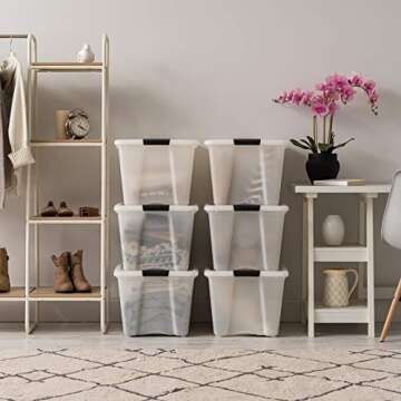 IRIS USA 54 QT Plastic Storage Box with Lid and Latches - 6 Pack - BPA-Free, Discreet Organizing Solution, Durable Nestable Stackable Containers, Secure Pull Handle - Pearl