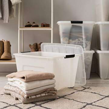 IRIS USA 54 QT Plastic Storage Box with Lid and Latches - 6 Pack - BPA-Free, Discreet Organizing Solution, Durable Nestable Stackable Containers, Secure Pull Handle - Pearl