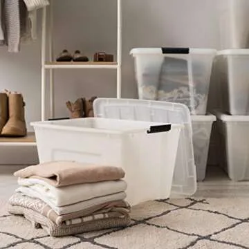 IRIS USA 54 QT Plastic Storage Box with Lid and Latches - 6 Pack - BPA-Free, Discreet Organizing Solution, Durable Nestable Stackable Containers, Secure Pull Handle - Pearl