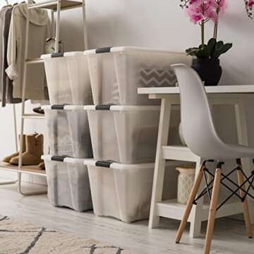 IRIS USA 54 QT Plastic Storage Box with Lid and Latches - 6 Pack - BPA-Free, Discreet Organizing Solution, Durable Nestable Stackable Containers, Secure Pull Handle - Pearl