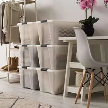 IRIS USA 54 QT Plastic Storage Box with Lid and Latches - 6 Pack - BPA-Free, Discreet Organizing Solution, Durable Nestable Stackable Containers, Secure Pull Handle - Pearl