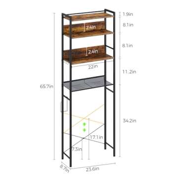 Rolanstar Over The Toilet Storage 4-Tier, Freestanding Bathroom Organizer, Sturdy Behind Toilet Rack with Hooks, Space-Saving Design, Fits Most Toilets, Rustic Brown