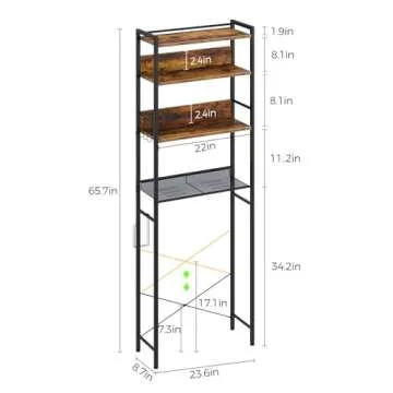 Rolanstar Over The Toilet Storage 4-Tier, Freestanding Bathroom Organizer, Sturdy Behind Toilet Rack with Hooks, Space-Saving Design, Fits Most Toilets, Rustic Brown