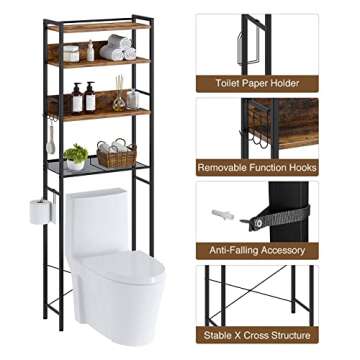 Rolanstar Over The Toilet Storage 4-Tier, Freestanding Bathroom Organizer, Sturdy Behind Toilet Rack with Hooks, Space-Saving Design, Fits Most Toilets, Rustic Brown