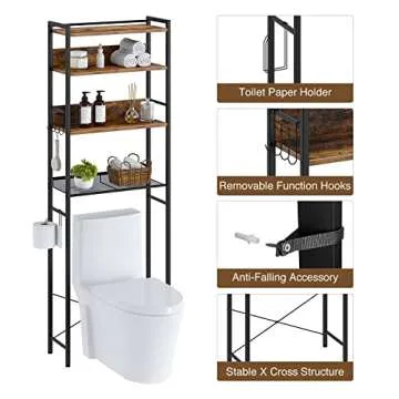 Rolanstar Over The Toilet Storage 4-Tier, Freestanding Bathroom Organizer, Sturdy Behind Toilet Rack with Hooks, Space-Saving Design, Fits Most Toilets, Rustic Brown