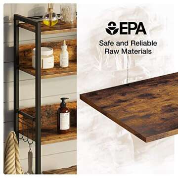 Rolanstar Over The Toilet Storage 4-Tier, Freestanding Bathroom Organizer, Sturdy Behind Toilet Rack with Hooks, Space-Saving Design, Fits Most Toilets, Rustic Brown