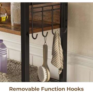 Rolanstar Over The Toilet Storage 4-Tier, Freestanding Bathroom Organizer, Sturdy Behind Toilet Rack with Hooks, Space-Saving Design, Fits Most Toilets, Rustic Brown