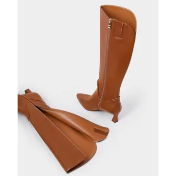 MUCCCUTE Brown Knee High Boots for Women Kitten Heel Tall Boots Pointed Toe Long Boots Side Zipper Slip On Fashion PU Boot Size 8