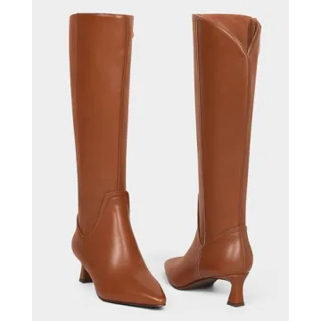 MUCCCUTE Brown Knee High Boots for Women Kitten Heel Tall Boots Pointed Toe Long Boots Side Zipper Slip On Fashion PU Boot Size 8