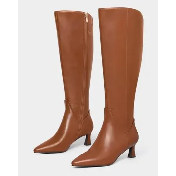 MUCCCUTE Brown Knee High Boots for Women Kitten Heel Tall Boots Pointed Toe Long Boots Side Zipper Slip On Fashion PU Boot Size 8