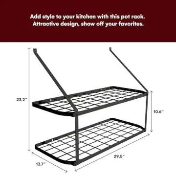 Vdomus Hanging Pot and Pan Organizer - Rustproof Wall Mounted Pot Rack for Kitchen Storage - Durable, Thick Iron Material - 2-Tier Pot Shelf with 10 Hooks for Utensils - Wall Mounted Black Pot Rack
