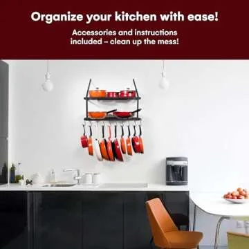 Vdomus Hanging Pot and Pan Organizer - Rustproof Wall Mounted Pot Rack for Kitchen Storage - Durable, Thick Iron Material - 2-Tier Pot Shelf with 10 Hooks for Utensils - Wall Mounted Black Pot Rack
