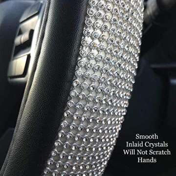 Bling Steering Wheel Cover 15", Black PU Leather w/Inlaid Rhinestone Crystals + Car Bling Ring Button Emblem, Girly Bling Car Accessories, Women Car Glam Decor Accessory (2 Pc)