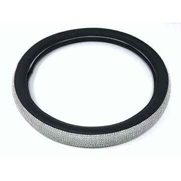 Bling Steering Wheel Cover 15", Black PU Leather w/Inlaid Rhinestone Crystals + Car Bling Ring Button Emblem, Girly Bling Car Accessories, Women Car Glam Decor Accessory (2 Pc)