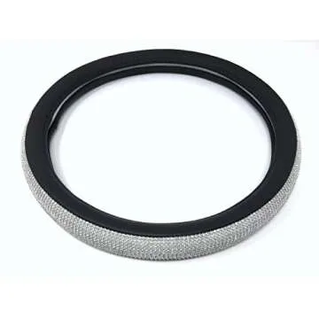 Bling Steering Wheel Cover 15", Black PU Leather w/Inlaid Rhinestone Crystals + Car Bling Ring Button Emblem, Girly Bling Car Accessories, Women Car Glam Decor Accessory (2 Pc)