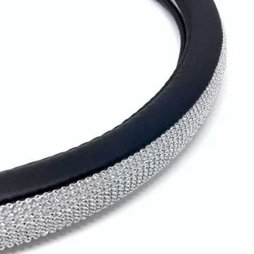 Bling Steering Wheel Cover 15", Black PU Leather w/Inlaid Rhinestone Crystals + Car Bling Ring Button Emblem, Girly Bling Car Accessories, Women Car Glam Decor Accessory (2 Pc)