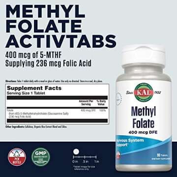 KAL Methyl Folate 400 mcg DFE, 5-MTHF Active Form Vitamin B9, Folic Acid Supplement, Heart Health, P...