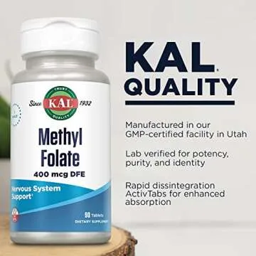 KAL Methyl Folate 400 mcg DFE, 5-MTHF Active Form Vitamin B9, Folic Acid Supplement, Heart Health, Prenatal, Mood and Brain Support, Fast Dissolving ActivTab, 60-Day Guarantee, 90 Servings, 90 Tablets