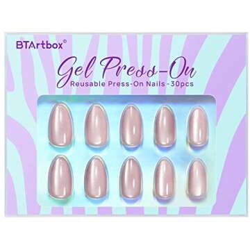 Press On Nails Short - BTArtbox Almond Press On Nails, Opaque Reusable Stick On Nails, Fake Nail with Nail Glue in 16 Sizes for Valentines Day Gift - 30 Nail Kit, Falling Star Cat Eye
