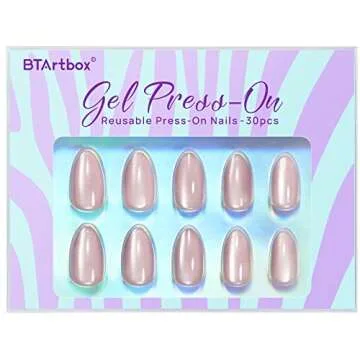 Press On Nails Short - BTArtbox Almond Press On Nails, Opaque Reusable Stick On Nails, Fake Nail with Nail Glue in 16 Sizes for Valentines Day Gift - 30 Nail Kit, Falling Star Cat Eye