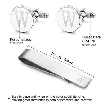 LOYALLOOK Classic Engraved Initial Cufflinks and Tie Clip Bar Set Alphabet Letter Formal Business Wedding Shirts W