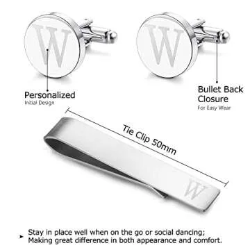 LOYALLOOK Engraved Initial Cufflinks & Tie Clip Set