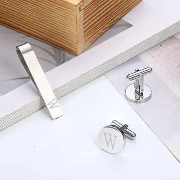 LOYALLOOK Engraved Initial Cufflinks & Tie Clip Set