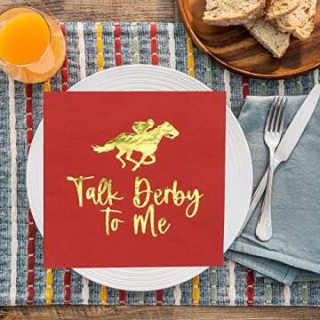 Talk Derby to me Napkins, Kentucky Derby Party Decorations, Kentucky Derby Birthday Party Decorations, Kentucky Derby Horse Race Rose Party Decorations (5 x 5 in,Gold Foil, 50-Pack)