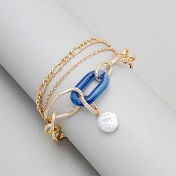 Elarith Multi layer Vintage Bracelet Metal Pearl Ornament INS Simple Temperament Chain Suitable for Women; Ideal Gift(blue)