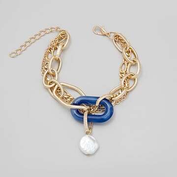 Elarith Multi layer Vintage Bracelet Metal Pearl Ornament INS Simple Temperament Chain Suitable for Women; Ideal Gift(blue)