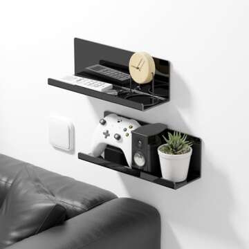 PAVSTINE Acrylic Floating Shelves for Wall No Drilling, Self Adhesive Wall Shelf, 12 Inch Floating Shelf Stick on Wall Shelf, for Bathroom, Kitchen, Bedroom, Office, Gaming Room, Black