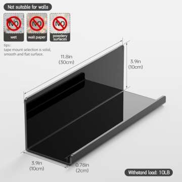 PAVSTINE Acrylic Floating Shelves for Wall No Drilling, Self Adhesive Wall Shelf, 12 Inch Floating Shelf Stick on Wall Shelf, for Bathroom, Kitchen, Bedroom, Office, Gaming Room, Black