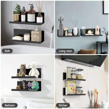 PAVSTINE Acrylic Floating Shelves for Wall No Drilling, Self Adhesive Wall Shelf, 12 Inch Floating Shelf Stick on Wall Shelf, for Bathroom, Kitchen, Bedroom, Office, Gaming Room, Black