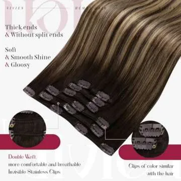 Vivien Clip in Hair Extensions Real Human Hair Balayage Clip in Hair Extensions Remy Clip in Hair Extensions Human Hair Ombre Chocolate Brown to Caramel Brown Full Head 16 Inch #4/27/4 7pcs 120g