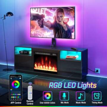 Rolanstar Fireplace TV Stand with LED Lights and Power Outlets, Entertainment Center with Electric Fireplace, Swivel Mount for 45/55/60/65 inch TVs, Height Adjustable Console, White/Black