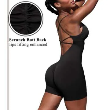 OMKAGI Strappy Backless One Piece Jumpsuits for Women Tummy Control Padded Yoga Romper Shorts(S,11-Black)