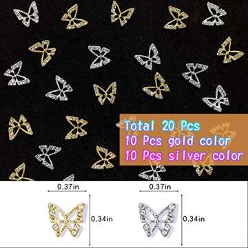 20Pcs Alloy Butterfly Nail Charms 3D Metal Butterfly Nail Gems Nail Rhinestones Shiny Crystal Nail Art Charms for Acrylic Nails DIY Manicure Jewelry Accessories Women Nail Decoration Supplies