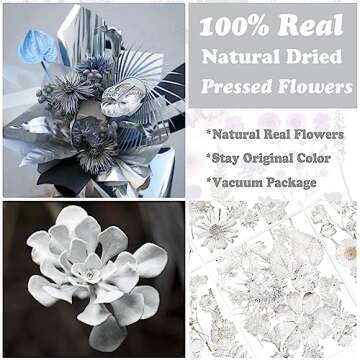 LUCISKY 68 Pcs Silver Gray Pressed Dried Flowers for Resin Molds, Real Natural Assorted Flowers Leav...